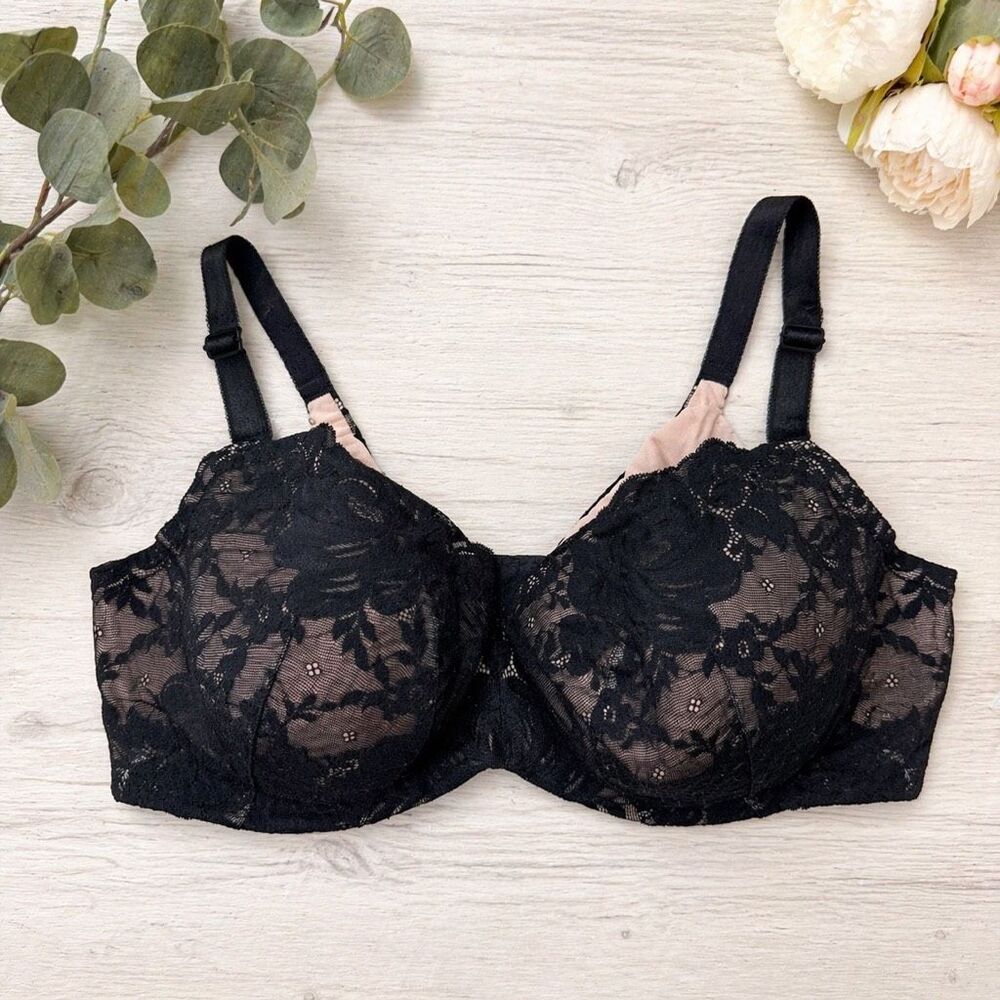 Torrid Black Lace Underwire Bra 40G Full Coverage Sheer Floral‎